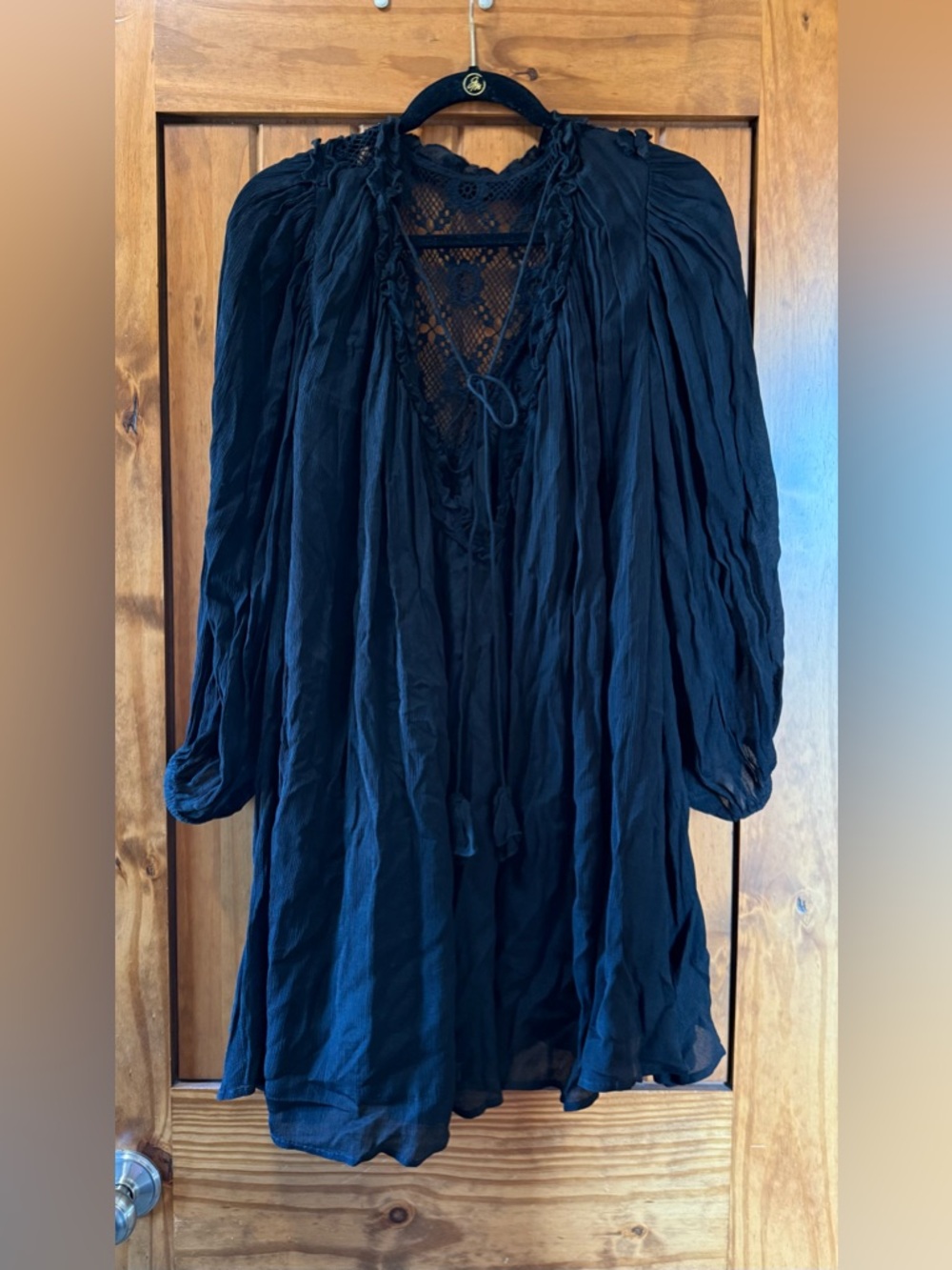 Black Lace-Trim Peasant Tunic Top - Picture 3 of 5